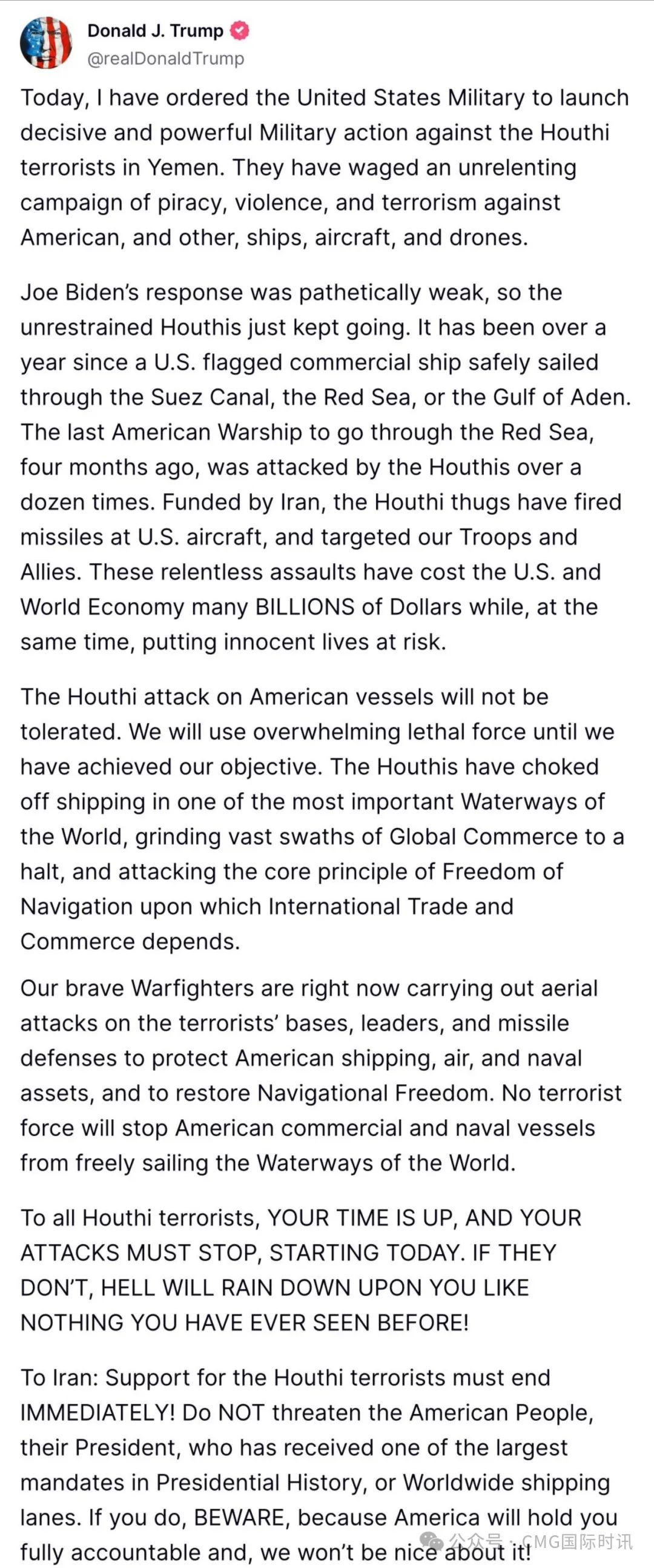 ▲特朗普在社交媒体上发文