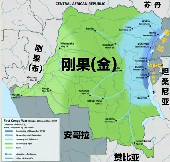 ▲第一次刚果战争，卡比拉进军路线（蓝色）及主要支持者（金色）