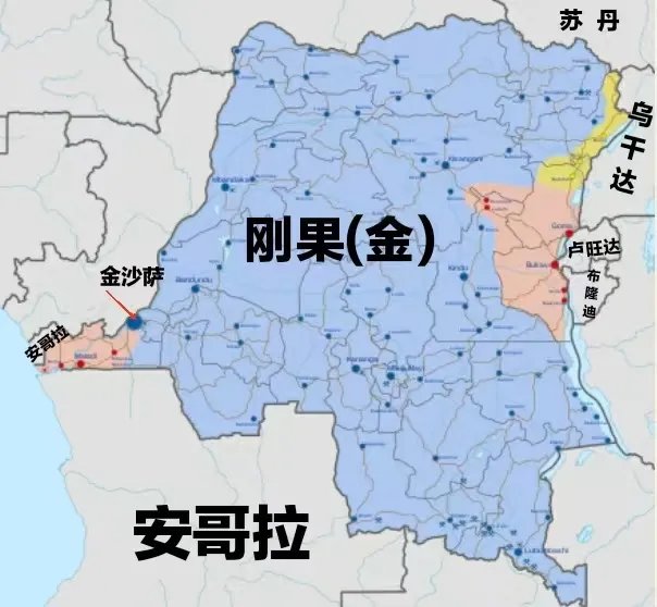▲第一阶段（1998年-1999年）红色为卢旺达及图西族武装占领区，黄色为乌干达占领区
