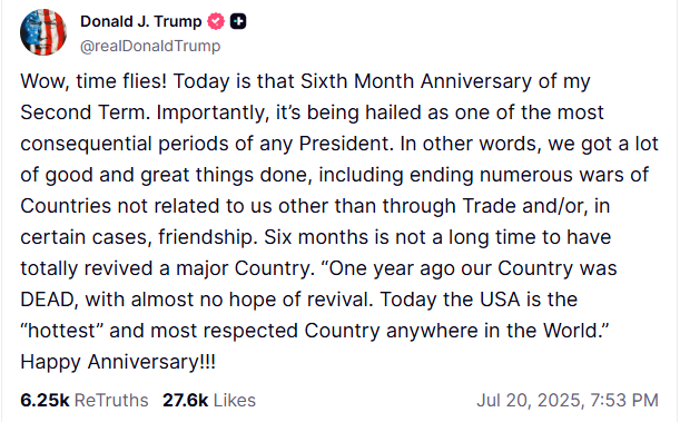 特朗普庆祝上任六个月:美国现在是“最热门”和“最受尊重的国家”_fororder_企业微信截图_20250721145210