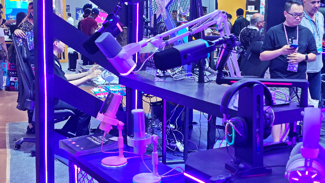 和佳电子展位上展示的多款麦克风（第一财经记者/摄）