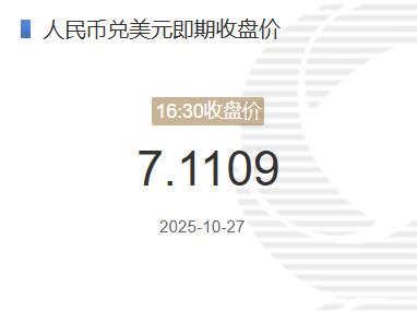 10月27日人民币兑美元即期收盘价报7.1109较上一交易日下跌111个基点