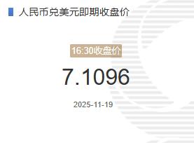 11月19日人民币兑美元即期收盘价报7.1096较上一交易日下跌29个基点