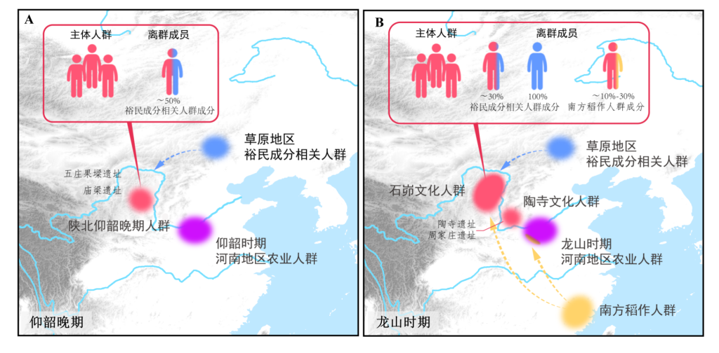 石峁文化主体人群及离群个体的遗传结构示意图