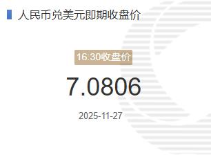 11月27人民币兑美元即期收盘价报7.0806较上一交易日下跌6个基点